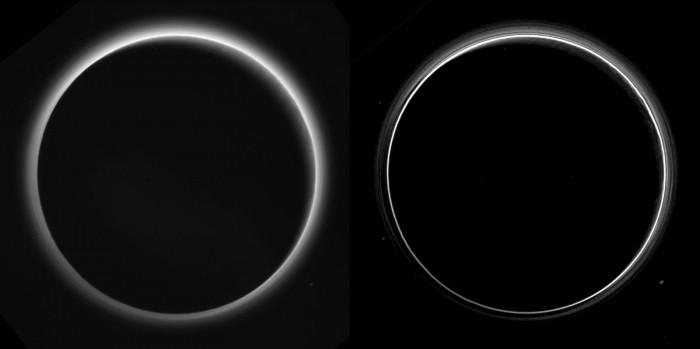 Pluton à contre-jour après le survol et à 770 000 km de distance. La vue à droite, est la même qu’à gauche, mais traitée afin de révéler plus de détails. Les scientifiques constatent ainsi que plusieurs couches existent au sein de l’atmosphère de la planète naine. Une atmosphère d’ailleurs plus étendue en hauteur que ce qui était attendu. Crédit : NASA/Johns Hopkins University Applied Physics Laboratory/Southwest Research Institute