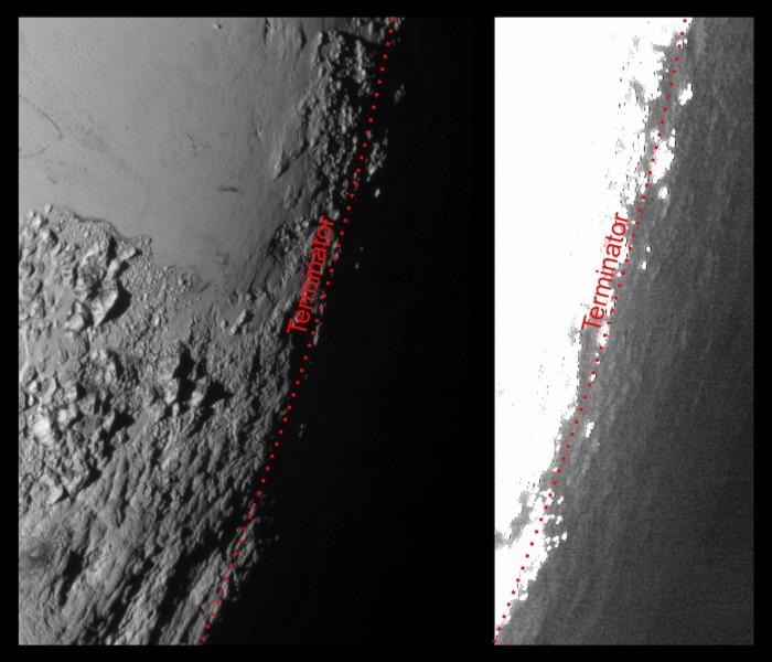 On the left, this image shows part of the mountains of water ice 3.5 km high. On the right, the same image has been greatly brightened: the faint light reflected by Pluto's atmosphere illuminates the terrain which is still in Pluto's night. Image credit: NASA/Johns Hopkins University Applied Physics Laboratory/Southwest Research Institute