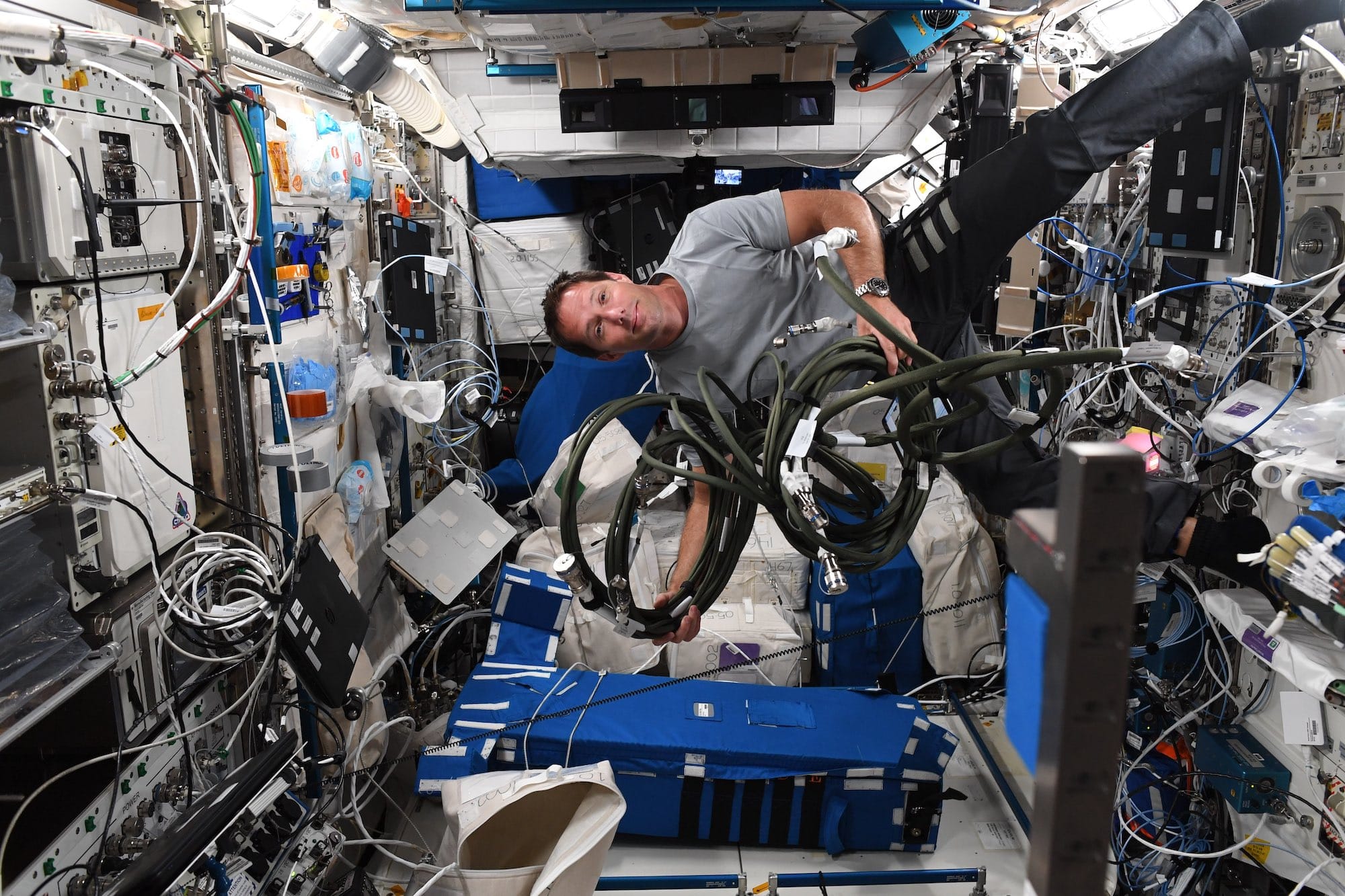 Pas de répit ! Dès son arrivée à bord de l’ISS, Thomas Pesquet a commencé à intervenir sur les expériences scientifiques. Ici, il installe le câblage de l’expérience GRIP de l’Agence Spatiale Européenne qui est supervisée au sol depuis le CADMOS du CNES à Toulouse. Crédit : ESA/NASA