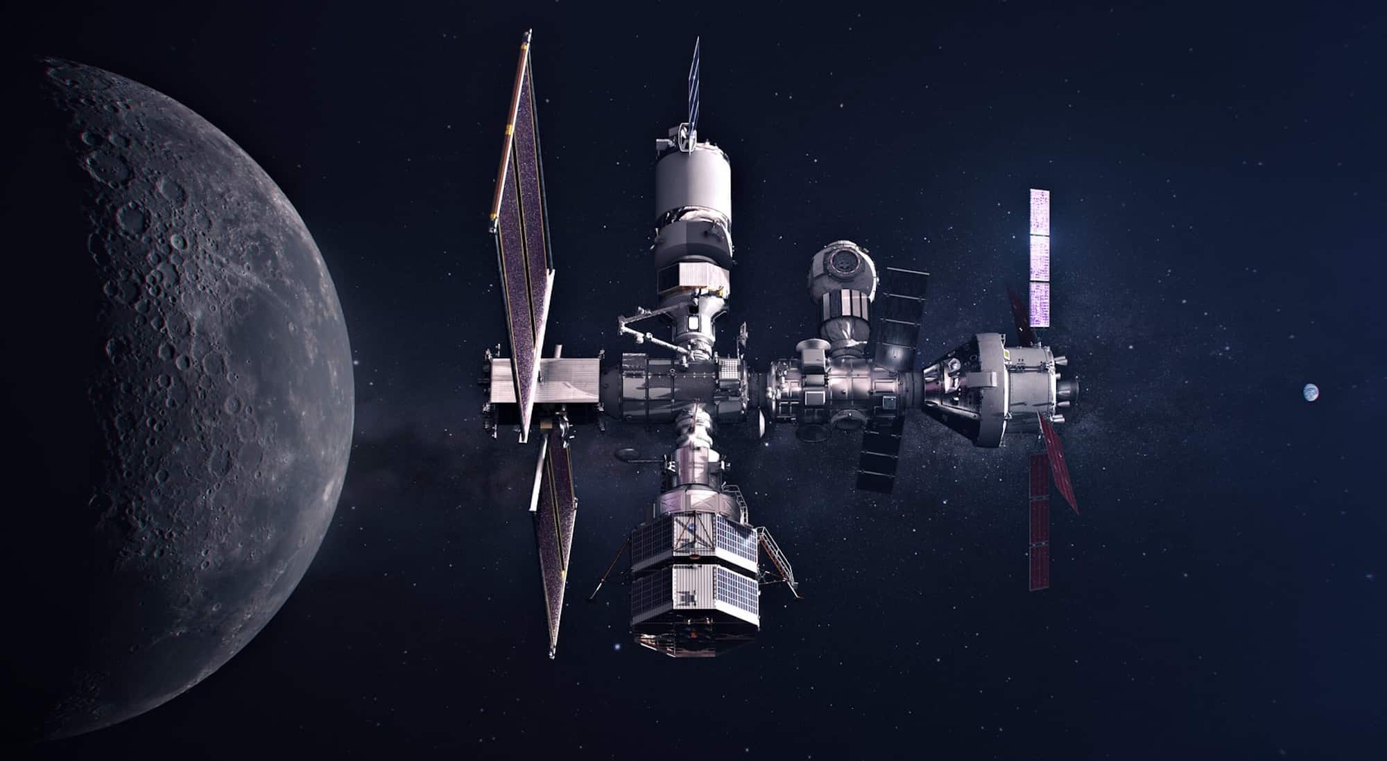 Illustration NASA de la Gateway. Les panneaux de type ROSA sont sur le module PPE qui est le plus à gauche. Crédit : NASA