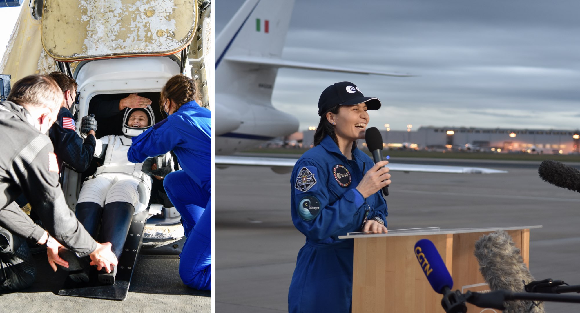 Gauche : Samantha Cristoforetti est sortie de la capsule Crew Dragon après l’amerrissage du 14 octobre. Droite : Arrivée le lendemain à Cologne en Allemagne afin que les équipes de l’European Astronaut Centre de l’ESA suivent sa réadaptation à la Terre. Crédit : Cité de l’espace/S. Corvaja/N. Ivanova