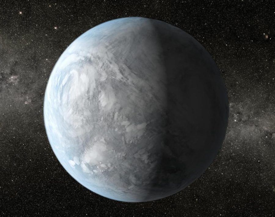 The artist concept depicts Kepler-62e, a super-Earth-size planet in the habitable zone of a star smaller and cooler than the sun, located about 1,200 light-years from Earth in the constellation Lyra.