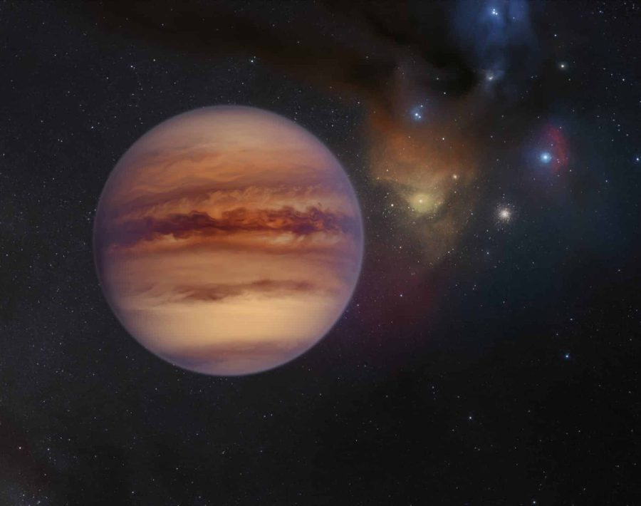 This artist’s impression shows an example of a rogue planet with the Rho Ophiuchi cloud complex visible in the background. Rogue planets have masses comparable to those of the planets in our Solar System but do not orbit a star, instead roaming freely on their own.
