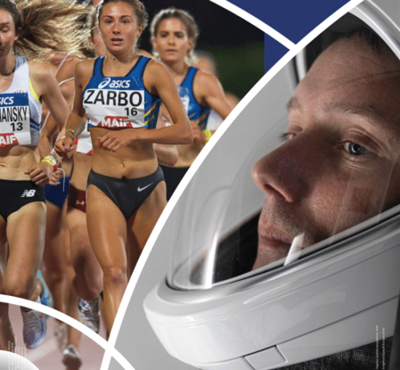 Visuel de l'exposition "Espace et sport" mettant en avant une équipe d'athlétisme féminine face à Thomas Pesquet dans le cadre de la Mission Alpha