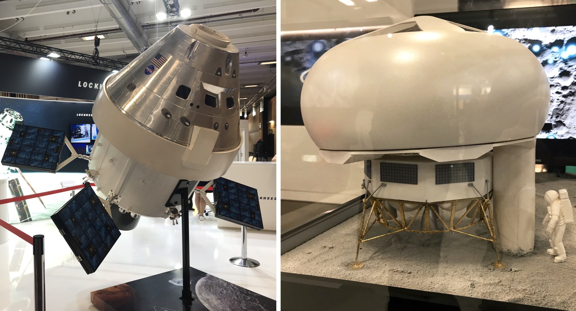 Deux exemples de maquettes liées au retour vers la Lune. Gauche : la capsule Orion de la NASA avec son module de service ESM fourni par l’ESA. Droite : l’habitat lunaire gonflable de Spartan Space qui pourrait être une contribution européenne aux activités à la surface de notre satellite naturel. Crédit : Cité de l’espace/Olivier Sanguy