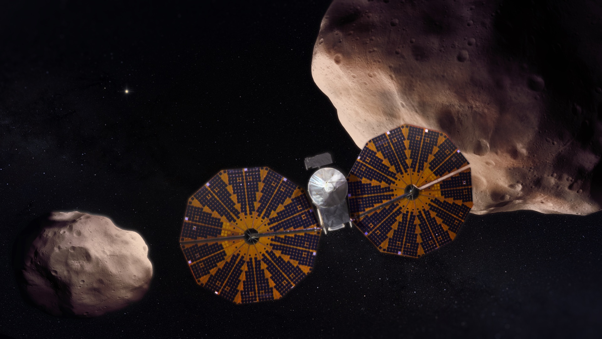 Image d’artiste montrant Lucy passant à proximité de l’astéroïde Troyen double de Jupiter, Patroclus et Menoetius. Ce sera l’aboutissement de cette mission de 12 ans en 2033. Crédit : SwRI/NASA