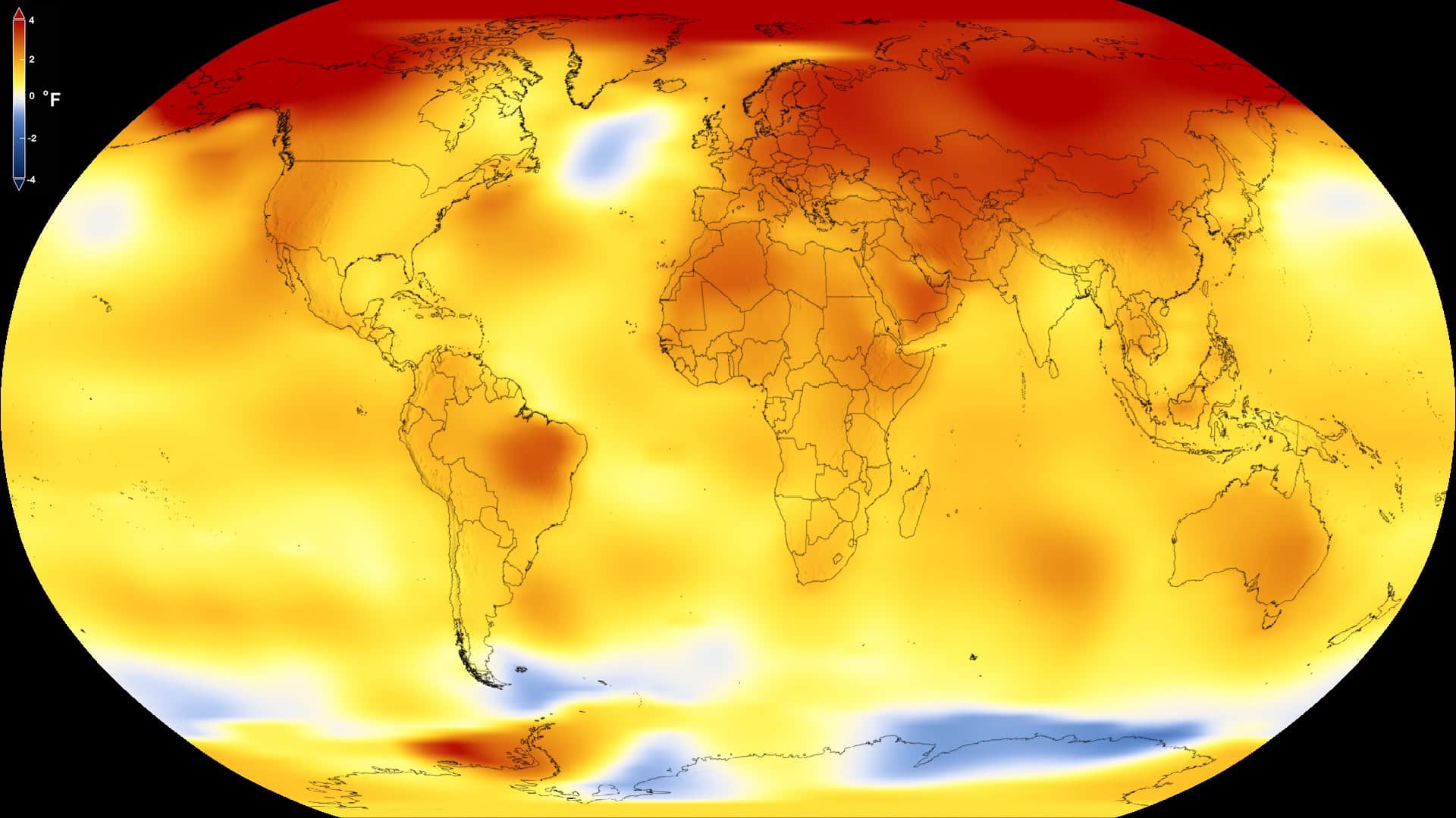 Températures moyennes de la planète sur la période 2013 à 2017 comparées à une référence de 1951 à 1980. Plus la couleur est rouge et plus le réchauffement est élevé. On note une plus forte élévation des températures au nord et notamment dans les régions arctiques. Crédit : NASA’s Scientific Visualization Studio
