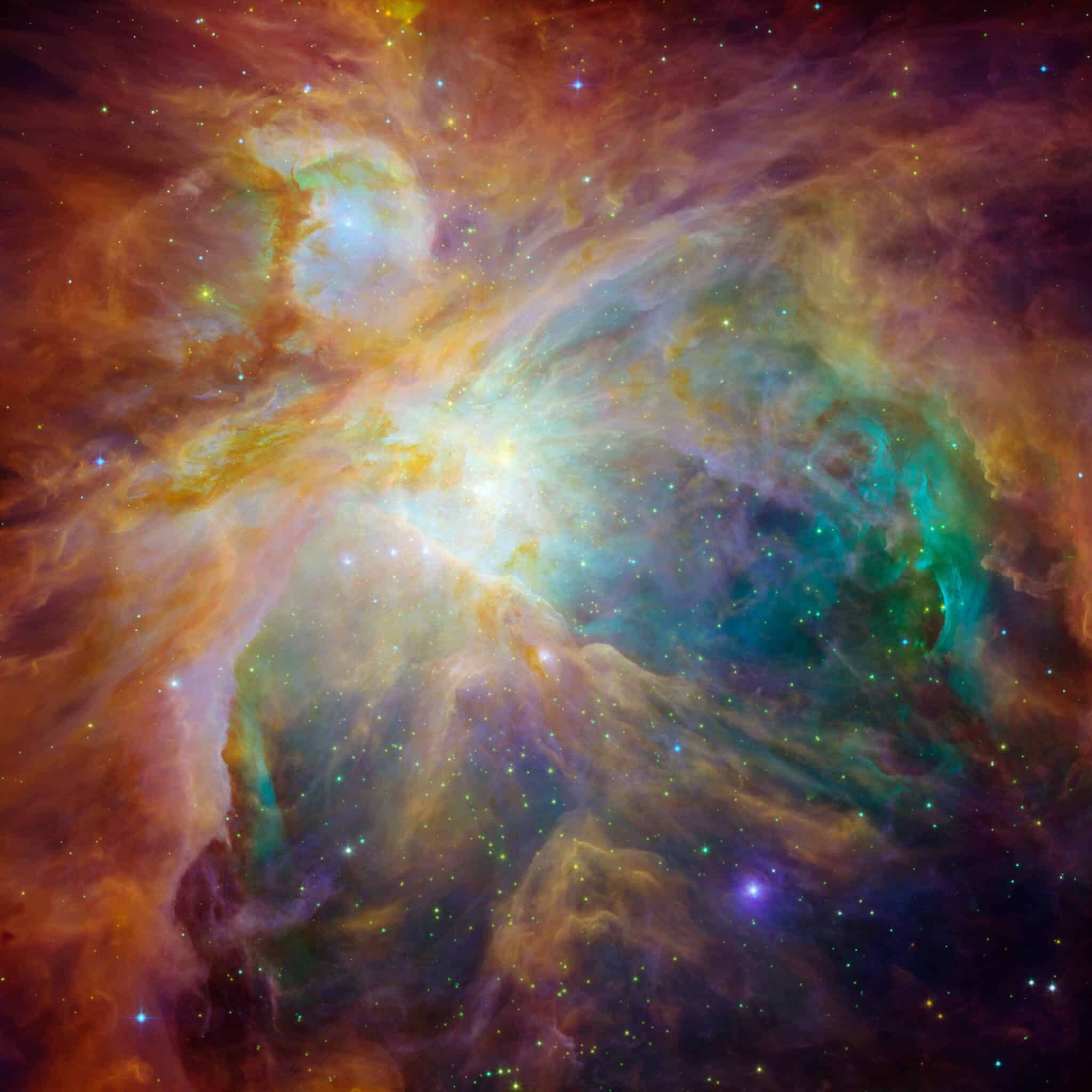 La nébuleuse d’Orion, une spectaculaire pépinière de soleils à 1 500 années-lumière de nous. Crédit : NASA/JPL-Caltech/T. Megeath (University of Toledo) & M. Robberto (STScI)