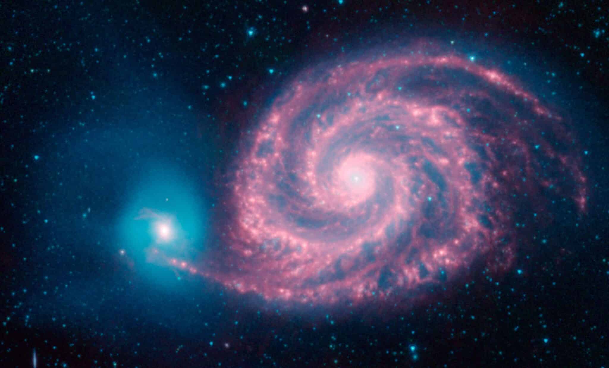Messier 51, la galaxie des Chiens de Chasse (ou dite du tourbillon), est distante de 23 millions d’années-lumière. Crédit : NASA/JPL-Caltech